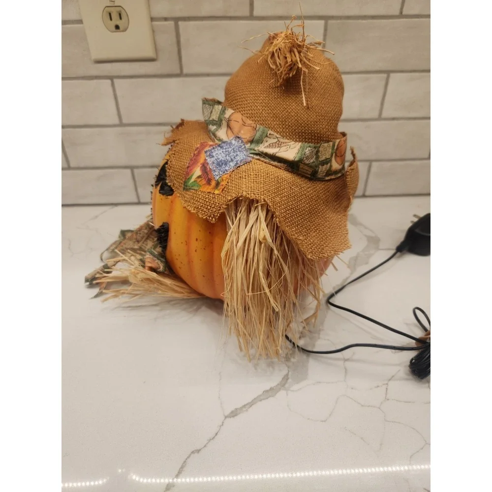 Vtg. Halloween Scarecrow Fall Pumpkin Fiber Optic Color Changing Jack O Lantern